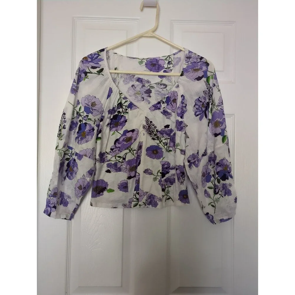 Anthropologie Top Large Womens White Floral Cotton Puff Sleeve Blouse